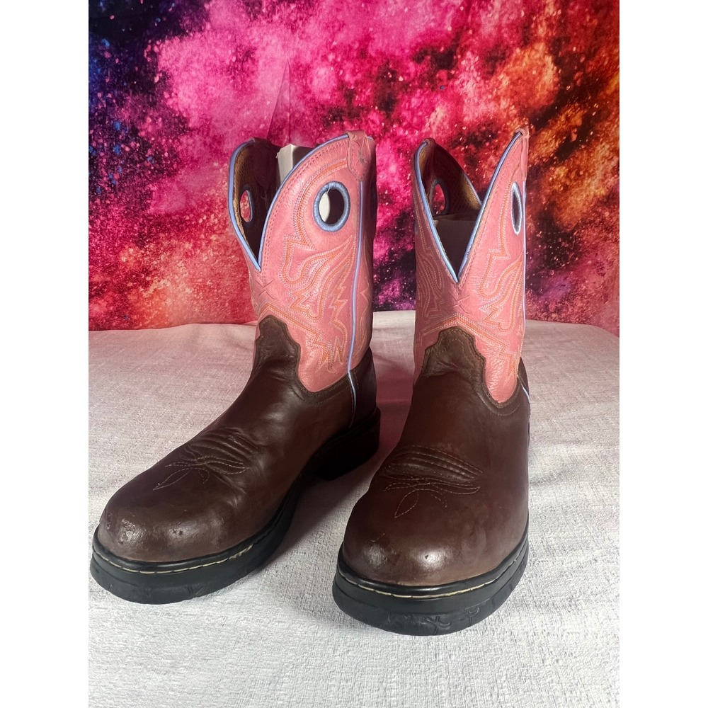 Twisted X EZ Rider Western Boots Brown Leather Pink Shaft Round Toe Slip-Resist
